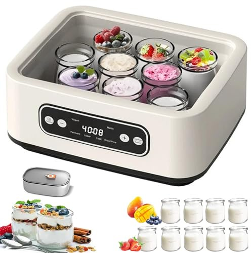 Yogurtiera Automatica, Yogurtiera Multifunzione da 1,6 Litri, con 9 Tazze Portatili, Pentola Interna in Acciaio Inossidabile, Timer Regolabile, Controllo della Temperatura, Adatta per Yogurt