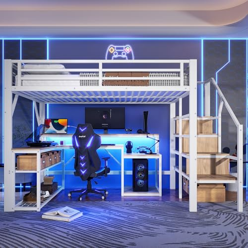 Idemon Cama alta de 140 x 200 cm, marco de hierro, bandeja de almacenamiento, estructura de escaleras con espacio de almacenamiento, barandilla de seguridad, barra de luz, escritorio, con puerto USB