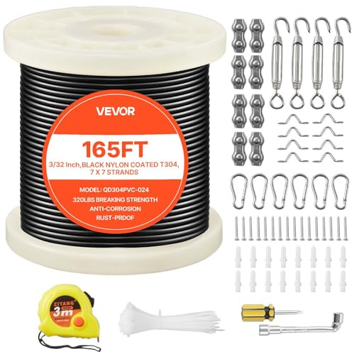 VEVOR String Light Hanging Kit, 165 ft 304 7 x 7 3/32 Inch Stainless Steel Wire Cable, 450 lbs Breaking Strength, Steel Cable for Deck Railing System, Garden Trellis, String Lights