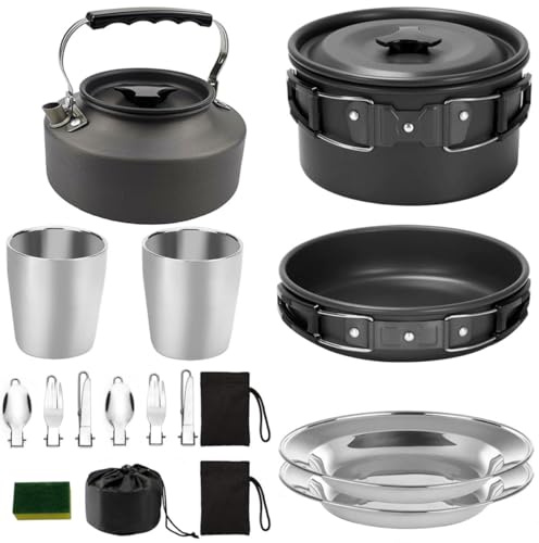 Alipis Juego de Utensilios de Cocina para Acampar Negro, Portátil para 2-3 Personas, Olla y Tetera de Aleación de Aluminio Mango Protector, Vajilla para Exteriores Adecuado para Camping