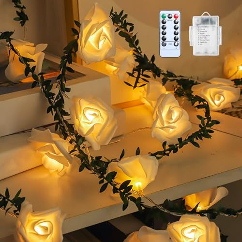 LED Blumengirlande Künstlich,3M Rosa Blumen Girlande Frühling mit Lichterkette Fernbedienung Kunstblumen Girlande Frühlingsgirlande Beleuchtete 8 Modi für Frühlingsdeko Hochzeit Garten (Weiß, 3m)