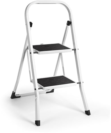 VonHaus Step Ladder – Premium Quality Folding Step Ladder for DIY and Gardening - Durable Steel Step Ladder - Easy to Store Step Ladders, 150KG Max Capacity (White, 2 Step)