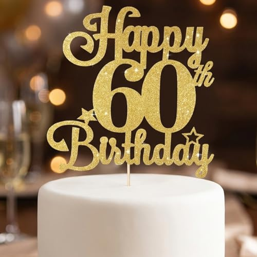 60th Birthday Cake Topper Gold - Elegant Adult Party Decorations with Happy 60th Birthday Design - Food Safe Glitter Paper Cake Decor for Anniversary Celebrations