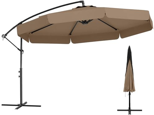 COSTWAY 3M Cantilever Garden Parasol, Outdoor Offset Banana Hanging Umbrella with Crank Handle, Cross Base and Tilted Design, Water-proof Canopy Sunshade Shelter (Coffee, 290 x 250 cm, Ruffled Edge)