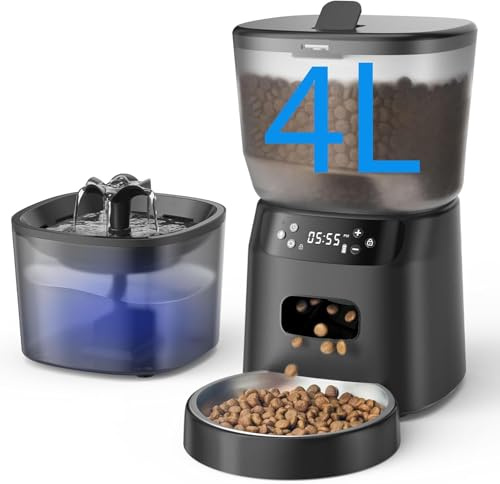 Automatic Cat Feeder and Water Fountain, 4L/16 Cups Timed Cat Dry Food Dispenser, 10s Meal Call, 20 Portions 6 Meals Per Day, 2L Cats Fountains for Drinking with Filter, Pet Feeder for Dog