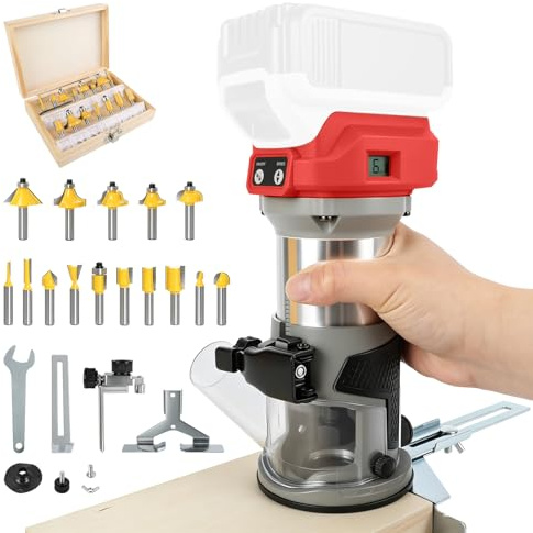 Routeur d'alimentation sans fil sans balais compatible avec Milwaukee M18 18 V, coupe-bordure avec 6 vitesses, routeur paume de 30 000 tr/min max avec affichage numérique, 15 embouts de toupie