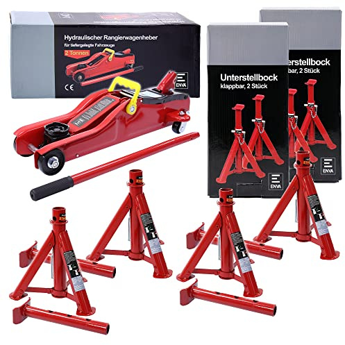 ENVA 4X Klappbarer Unterstellbock Kfz 2t, Stützbock höhenverstellbar von 277 mm – 365mm + Flacher Hydraulik Wagenheber 2t Hubhöhe 85 – 330 mm, Profi Rangierwagenheber Car Jack für tiefergelegte Autos