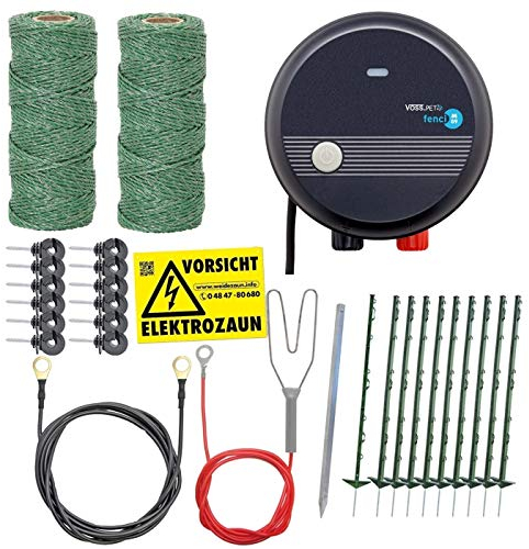 VOSS.farming Hundezaun Komplettset 50m Elektrozaun, ideal für Einzäunungen in Ihrem Garten, mit umfangreichem Zubehör, anschlussfertig mit 200m grüner Weidezaunlitze 10 grüne Pfähle 105cm