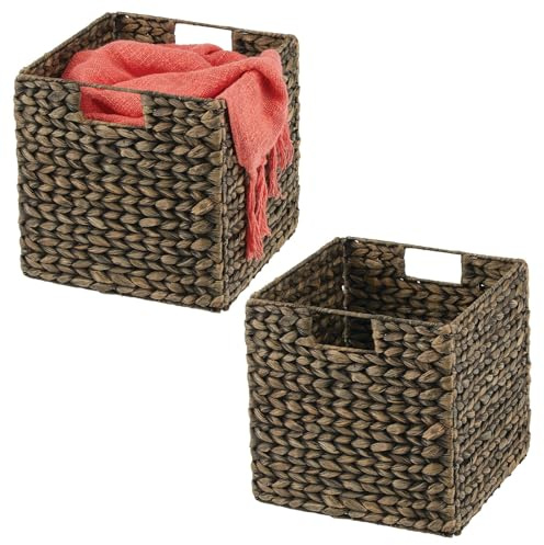 mDesign Juego de 2 cestas de almacenamiento, caja de almacenamiento plegable de jacinto de agua, cesta de almacenamiento ideal para guardar ropa, juguetes o revistas, con patrón de mimbre, color negro