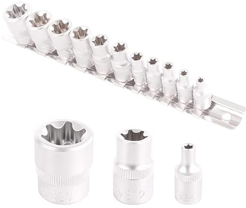 TECPO Außen Torx Steckschlüssel Satz, 11-teilig 1/4 und 3/8 Zoll Antrieb Torx Stecknüsse Schlüssel E-Profil Schraubenschlüssel Einsatz Nuss Set E4, E5, E6, E7, E8, E10, E12, E14, E16, E18, E20