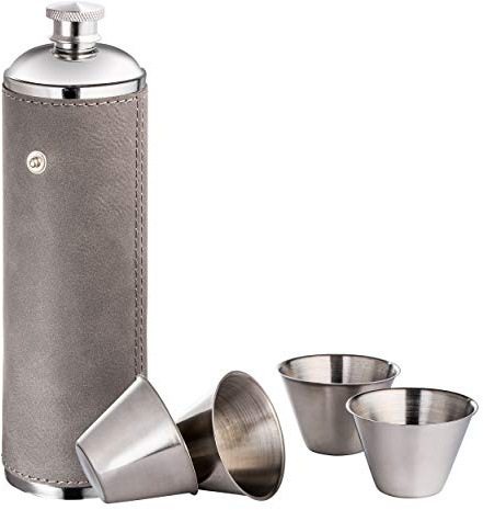 Schmalz® Flachmann-Set Lissabon 5-teilig - aus Edelstahl - mit PU-Überzug - 4 Schnapsbecher - Smarte Becherhalterung (ohne Gravur)