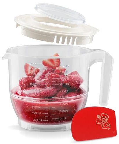 RoyalFay® Messbecher 2,2L weiß – Rührbecher mit Deckel und Spritzschutz – Mixbecher mit Stopboden, Liter- und Cup-Skala – Rührschüssel für Backen, Kochen und Frischhalten