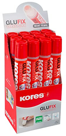 Kores - Glufix: Colla Liquida Trasparente, Anti-Goccia, Non Tossica e Ideale per Lavori a Casa e in Ufficio, Confezione da 12 x 50 ml