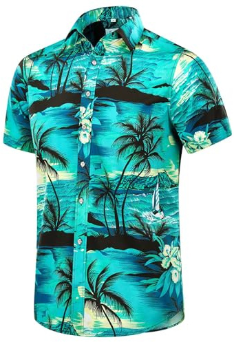 EUOW Hawaiihemd Herren Kurzarm Bedruckt Button Down Sommer Strandkleid Hemden, Multicolor-Blau, XL
