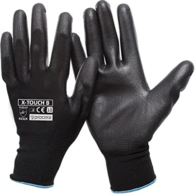 PROCERA Schutzhandschuhe X-TOUCH BLACK/WHITE Arbeitshandschuhe für Mechaniker Arbeitshandschuhe für Maler Gartenhandschuhe Komfortable Polyurethan-Handschuhe (Schwarz, 9 (12 Paar))