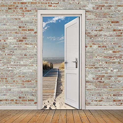 A.Monamour Türtapete Selbstklebend Türfolie Türposter 3D Weiße Türen Öffnen Sich Zum Strand Am Meer Vinyl Folie Türdeko Tapete Wandbild Türaufkleber Türtattoo 85 x 215 cm