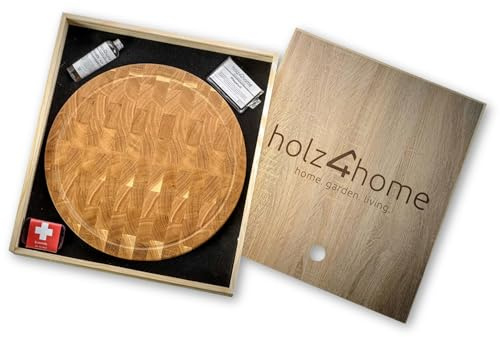 Premium Schneidebrett-Set rund aus europäischer Eiche von holz4home® | Maße: 40 cm x 4 cm (B x H) | Geschenkset-Inhalt: Pflegeöl, Schleifschwamm, Pflegetuch, Gebrauchsanleitung (Pflegehinweise)