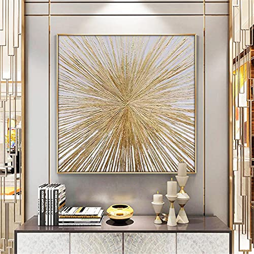 Jianghu Art Leinwanddruck konkav strukturiertes Ölgemälde auf Leinwand Goldlinien Wandkunst abstrakte brillante goldene Sonne Bürobild 70x70cm (28x28in) mit Rahmen