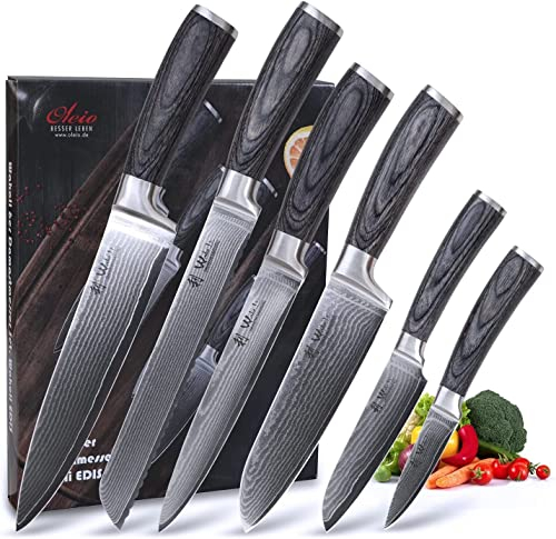 Wakoli Edis Damastmesser-Set | 6-teilig, 8–20 cm aus 67 Lagen Damaststahl mit VG10-Kern | ergonomische Pakkaholzgriffe | für Fleisch, Fisch & Gemüse | in eleganter Geschenkbox für Hobby- & Profiköche