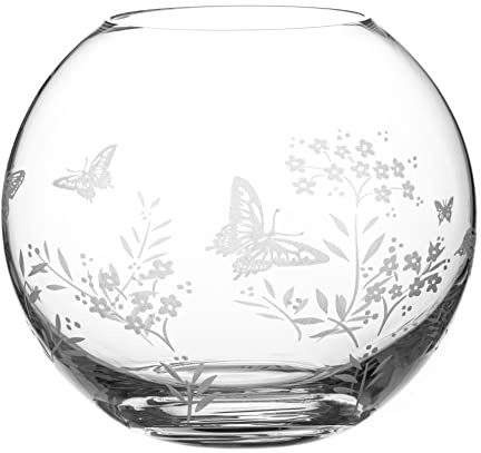 Diamante Round Sphere Vase with Butterfly Etching - Decorated Globe Fish Bowl Shape Ideal for Bouquets and Other Decorations - 20cm in gift box
