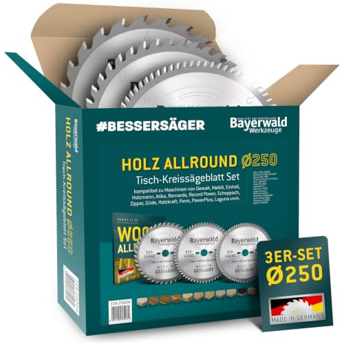 Bayerwald Kreissägeblatt Set Ø250 (3 tlg.) - für Holz Längs & Querschnitte Allround - geeignet für Tischkreissägen von Bosch, Metabo, Scheppach, Festool uvm. - z.B. für Dewalt DWE 7492