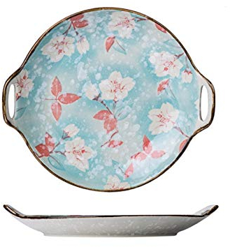 UCCE Platos Llanos Cerámica Estilo japonés Plato Llano Ensalada Sushi Bistec Plato para Servir Flor Azul Salsa Plato Vajilla Cocina Platos para Servir (B)