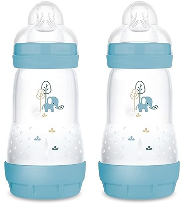 MAM Easy Start Anti-Colic babyflaska i en uppsättning om 2 (260 ml), särskilt väl accepterad mjölkflaska, babyvattenflaska med golvventil mot kolik och nappstorlek 1, 0+ månader, elefant