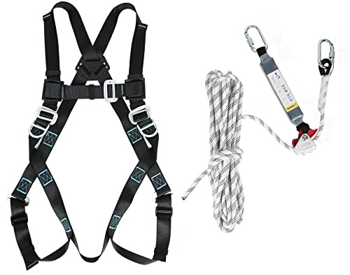 Fallschutz-Auffanggurt Set mit Gurt EN361,Rucksack, 1-Punkt-Auffanggeschirr zur Absturzsicherung mit Auffanggerät Bandfalldämpfer, bis 100 kg, 10m Klettergurt, Höhensicherungsgerät