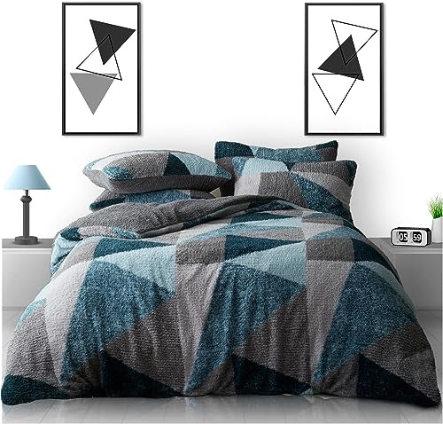 GC GAVENO CAVAILIA Teddy Duvet Cover - Fluffy Fleece Bedding Set King Size - 100% Polyester Warm Cosy Duvet Cover Set - Green/Grey
