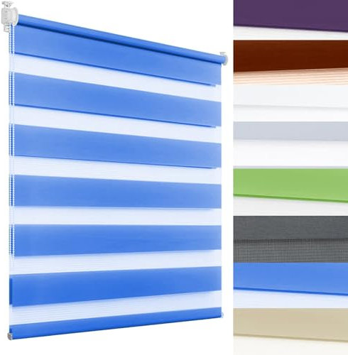 Doppelrollo ohne Bohren 45 x 140 cm Sonnenschutz Blickdicht Sonnenschutzrollo Zebrarollo Seitenzugrollo Einfache Montage mit Klemmträger für Fenster & Türen, Blau