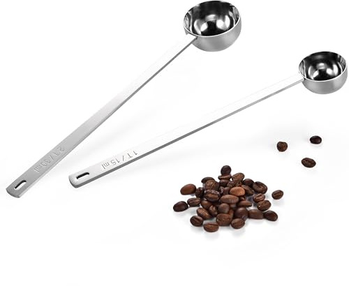 U-Taste Kaffeskopor Set med 2: 18/8 mätkaffeskedar i rostfritt stål med 21,5cm extra långt handtag för malet kaffe, bönor, pulver, espresso, perfekt för hög burk, burk (15&30ml, silver)