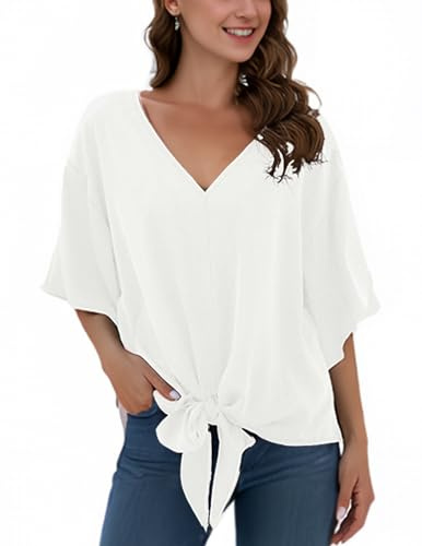 Blusas de gasa para mujer con cuello en V y lazo frontal, mangas de murciélago, mangas cortas, camisetas y camisas de verano, blanco, S