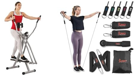 Sunny Health & Fitness Elliptical Cross Trainer w/LCD Monitor, Air Walker Exercise Machines + Premium esistance Band Set With Door Anchors, Wrist Straps, Handles & Carry Bag