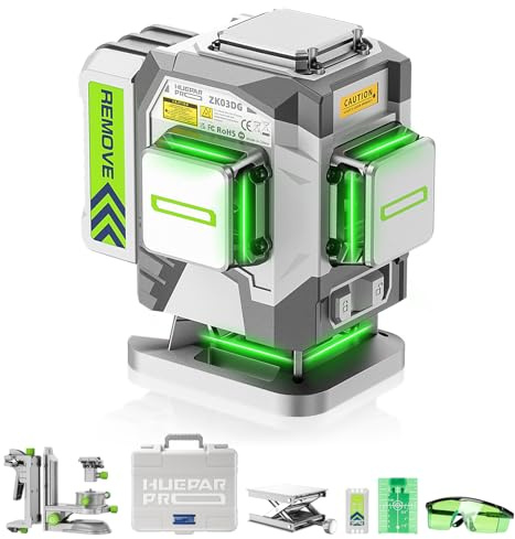 Huepar Pro Laser Level, 3 * 360 Self Levelling Laser Leveler, High Accuracy Professional Green Laser Level with 8000mAh Rechargeable Li-ion Battery, Multifunctional Stand and Hard Case