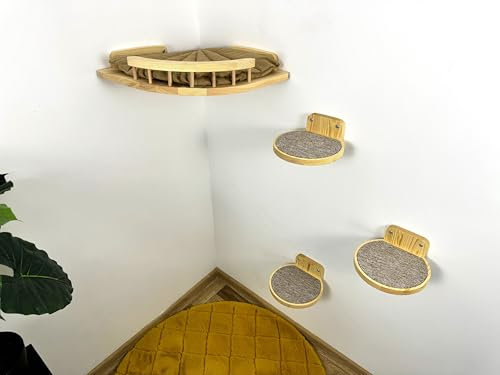 RshPets® Wandmontiertes Katzenmöbel Set: Eckbett und 3 Stufen - Kletterwand Katzen - Hängematte für Katzen - Wandelemente - Kletterwand Set - Katzentreppe Wand (Helle Farbe)