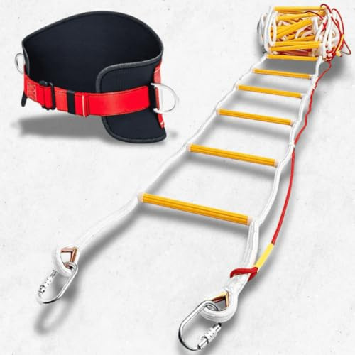 Fire Escape Ladder 4 Story Homes, 32ft (10m) with Safety Belt | Adult ladder with carabiners for fourth-floor balcony escape, strong hooks, foldable design and compact rescue kit.