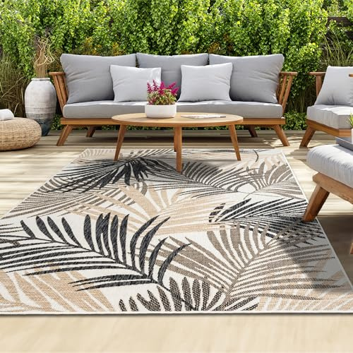 homeart Outdoor Rug - Easy-Clean, Durable, Stain-Resistant, Weather & UV Resistant Indoor & Outdoor Rugs for Porch, Deck, Balcony, Garden, Picnic and Patio | Palm Black, Beige - 140x200cm