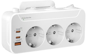 Ladron Enchufes USB C,Regletas Enchufes Pared Carga Rápida PD20W y QC18W,Enchufe Multiple 3 Tomas,Vertical Trifasico Enchufe con Interruptor,Adaptador Enchufe Triple Proteccion Sobretension,Blanco