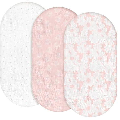 Pack de 3 sábanas bajeras para cochecito de bebé, 83 x 43 cm, 100% muselina de algodón | Funda de colchón suave para cama auxiliar y cesta de moisés, goma elástica 360° contra el deslizamiento (Rosebud)
