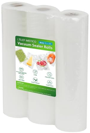 L'ELEF MISTICO Vacuum Sealer Bags for Food, 3 Pack 28 x 610cm (Total 18.3m) BPA Free Food Storage Bags for Household Sealer, Customized Size Rolls for Sous Vide or Meal Prep