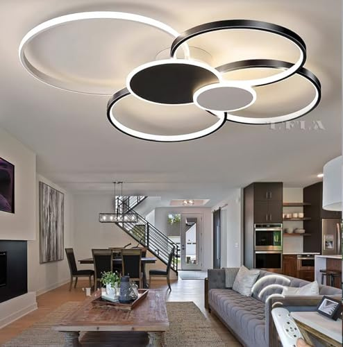 80cm Dimmbar LED-Deckenleuchte Weiß & Schwarz 71W Wohnzimmerlampe Modern Deckenlampe 6-Ringe Design mit Fernbedienung 3000K-6500K Deckenbeleuchtung Wohnzimmer Schlafzimmer Studio Büro Deckenlicht