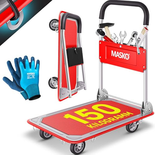 MASKO Chariot pliant avec gants de travail, frein de stationnement, 6 œillets de sécurité, roues pivotantes à 360°, chariot pliable (rouge, 150 kg)