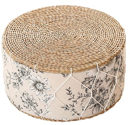 Preferspace Pouf-Ottomane, natürlicher Rattan-Fußhocker, handgewebte runde Fußstütze, Poof-Pouffe-Akzentstuhl für Wohnzimmer, Schlafzimmer, Veranda