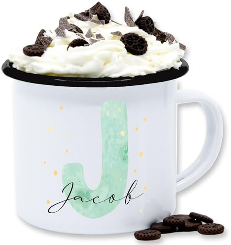 Emaille Tasse Blechtasse - Anfangsbuchstabe Personalisierbar mit Namen | Geschenk mit Initialen | Initialbuchstabe und Name individuell kombinierbar - 300 ml - Weiß Schwarz - namensbecher