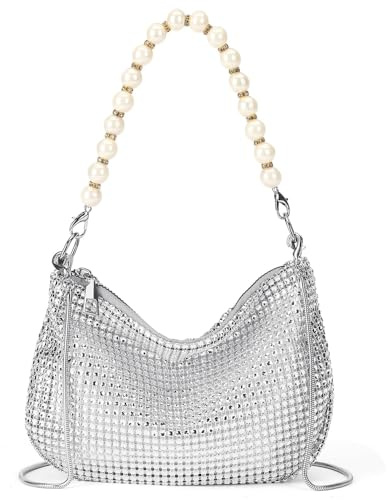 AiNinXun Tasche Glitzer Damen Strass Clutch Mit Kette Abendtasche Glitzer Handtasche Klein Elegant Tasche Perlen Brauttasche Damen Schultertasche für Abend Prom Hochzeit Party Bankett