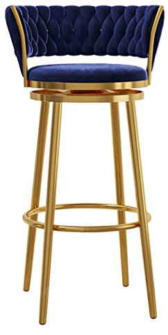 Moderner Barhocker mit 360°-Drehgelenk, 65 cm Thekenhöhe, goldfarbenes Metallgestell, Chrom-Basis, für Küche, Esszimmer, gepolstert, 1 x blaue Barstühle