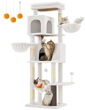 Feandrea Grand Arbre à Chat, 174 cm, Multi-Niveaux, 2 Niches, 2 Paniers | Tour à Chat, 5 Griffoirs, Toilettage Autonome, Perchoir, Hamac, Blanc crème, Collection CLAWFY PCT182W02