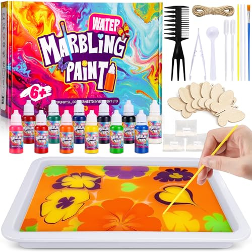 Lovchil Manualidades Niños - Pintura para Hacer Marmolados sobre el Agua con 12 Colores y 6 Mariposas de Madera, Regalo Ideal para Niños de 6 7 8 9 10 11 12 Años