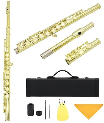 Querflöte Anfänger Flöte Mit 16 Geschlossenen Löchern C-Taste Weißes Kupfer Konzertflöte Quer-Holzblasinstrument Mit E-Tastenbox-Zubehör(Gold)