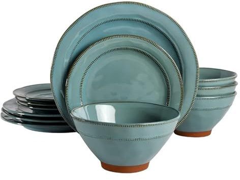 GYBBHia 12pcs Teal Dinner Plate Set for Dinner Parties Round Reactive Glaze Terra Cotta Dinnerware Set Service for Four
